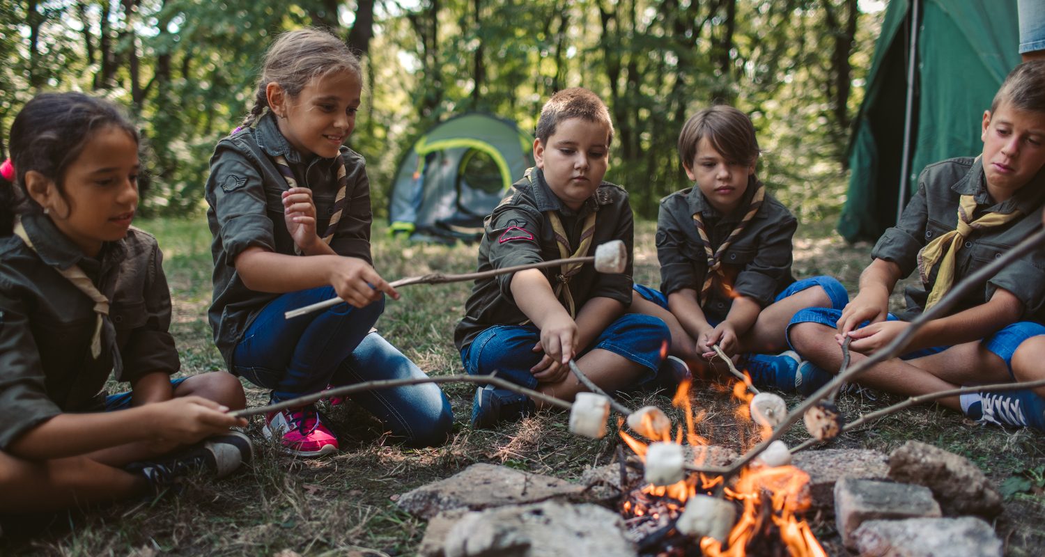 Group of scouts roast marshmallow candies on campfire in forest.